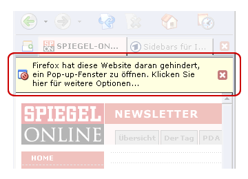 Firefox Hinweis auf blockiertes Pop-Up Fenster
